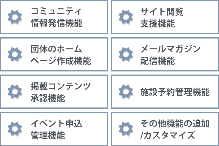 コミュニティ情報発信機能、団体のホームページ作成機能、掲載コンテンツ承認機能、イベント申込管理機能、サイト閲覧⽀援機能、メールマガジン配信機能、施設予約管理機能、その他機能の追加/カスタマイズ